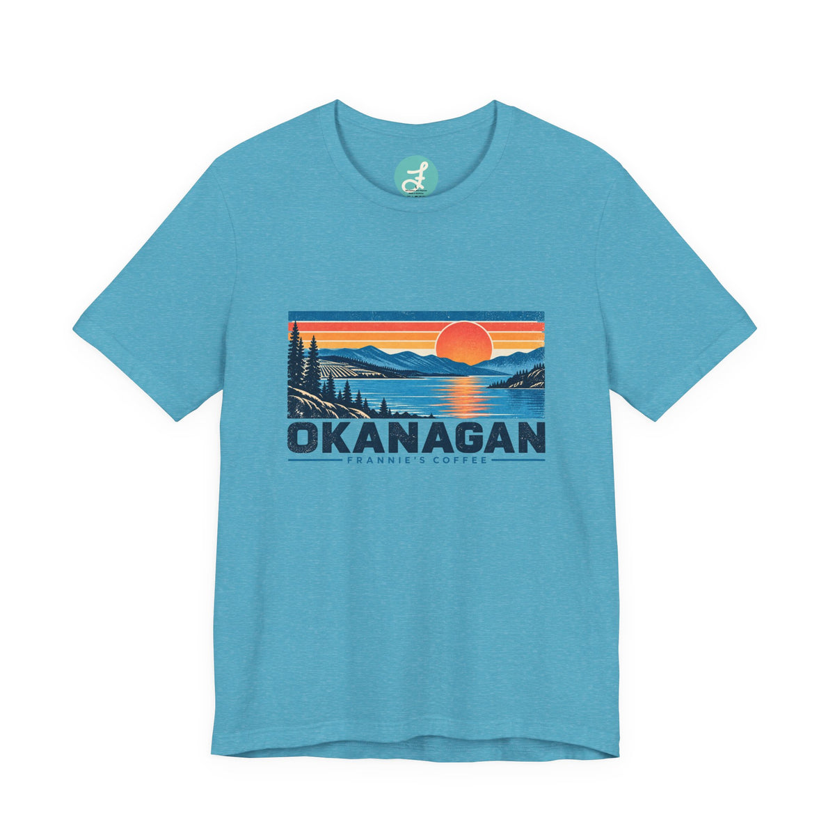 Frannie's Coffee Okanagan t-shirt in Heather Aqua: front with the Okanagan lake sunset print