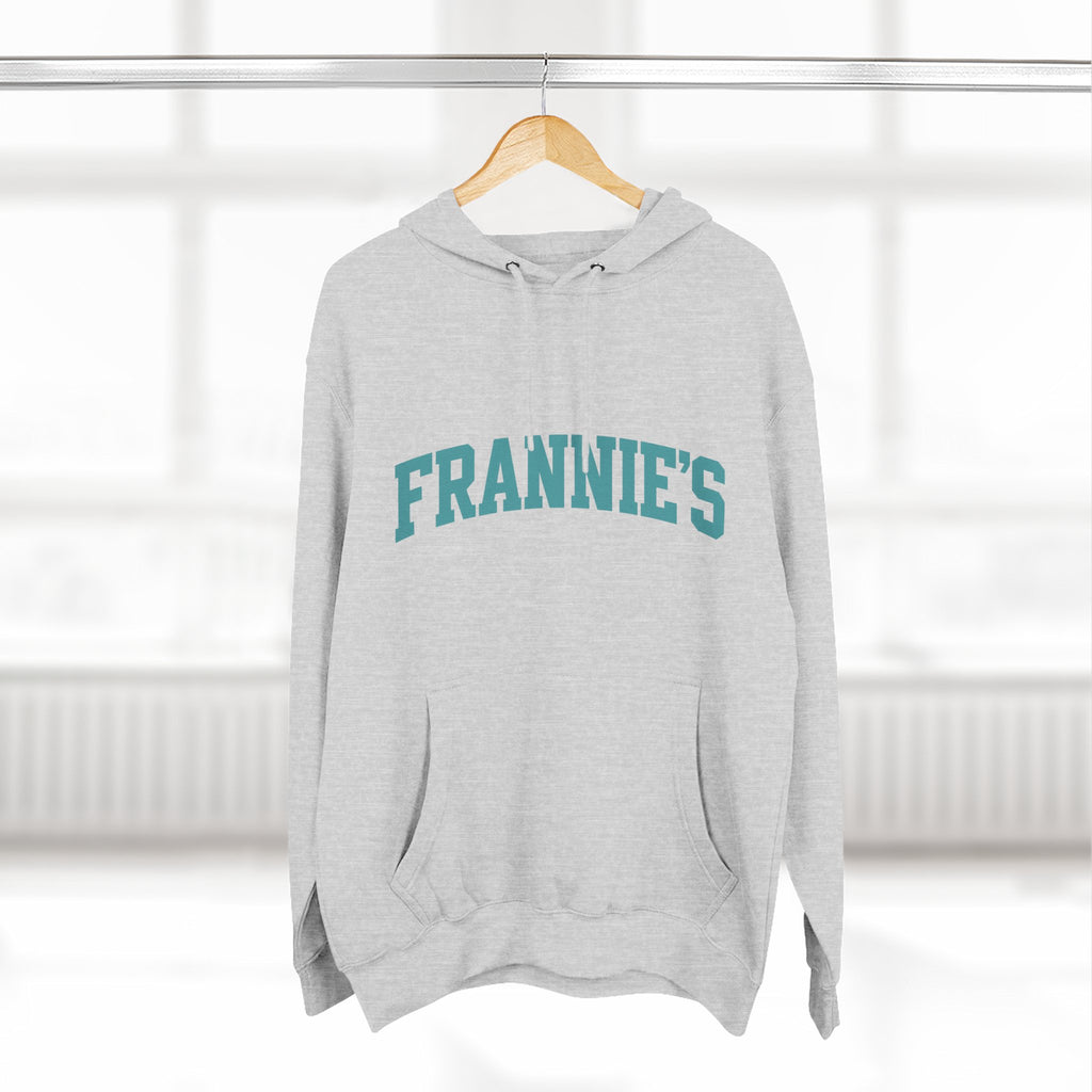 Frannie's varsity hoodie in Heather Grey: on a hanger