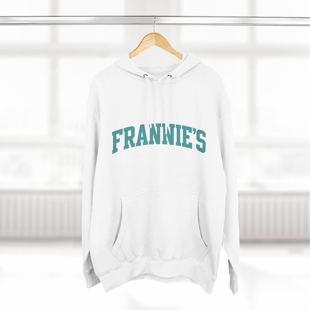 Frannie's varsity hoodie in White: on a hanger