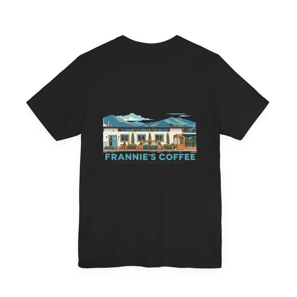 Frannie's Coffee Princeton, BC t-shirt in Black: back print of the Princeton café illustration