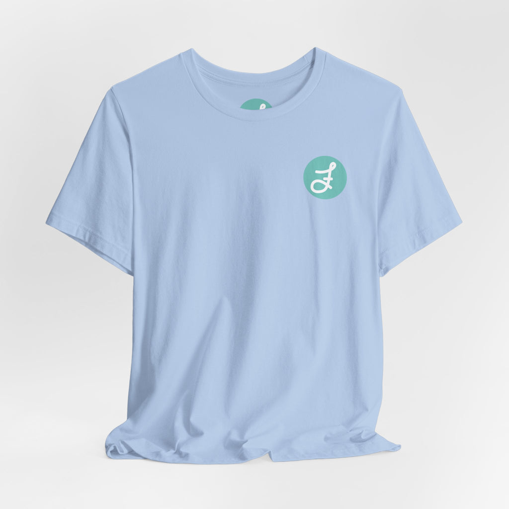 Frannie's Coffee Princeton, BC t-shirt in Baby Blue: front with the F logo on the left chest