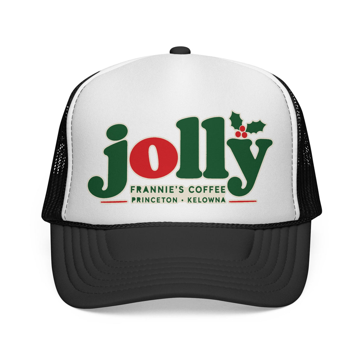 Frannie's Jolly Christmas Trucker Cap in Black with the holly jolly Frannie's Coffee logo