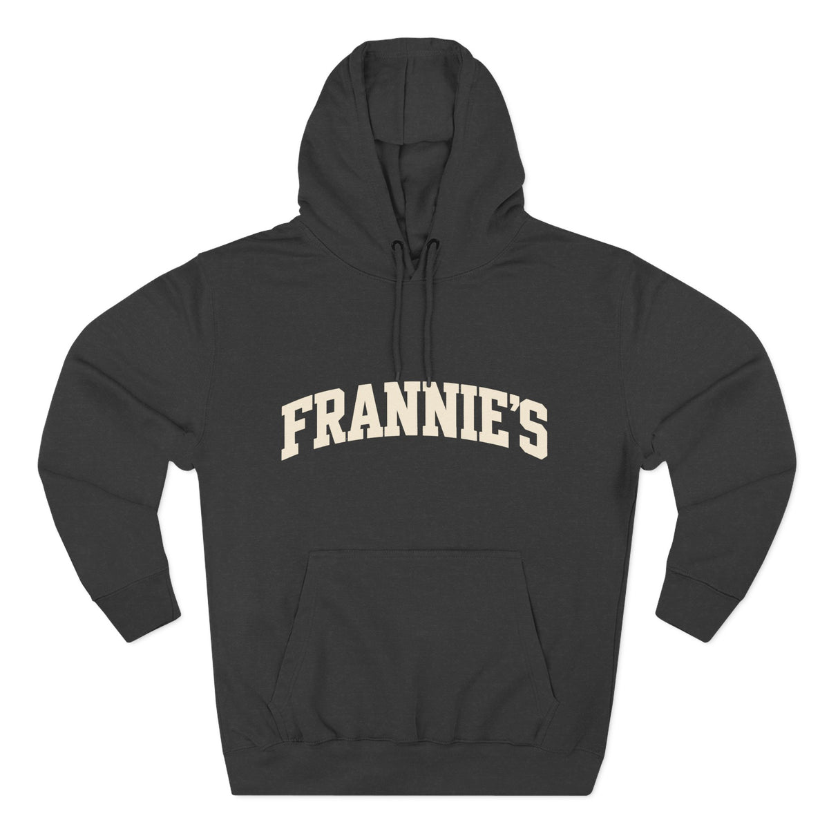 Frannie's varsity hoodie in Charcoal Heather: front with arched FRANNIE'S lettering