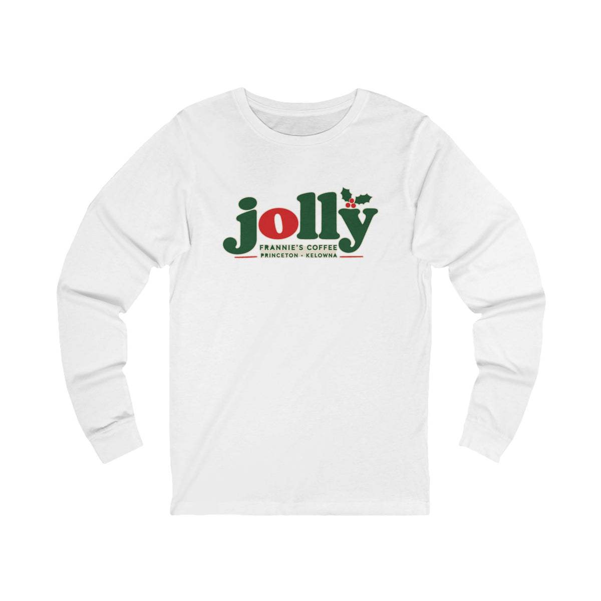 Frannie's Jolly Christmas Long Sleeve Tee in White with the holly jolly Frannie's Coffee logo