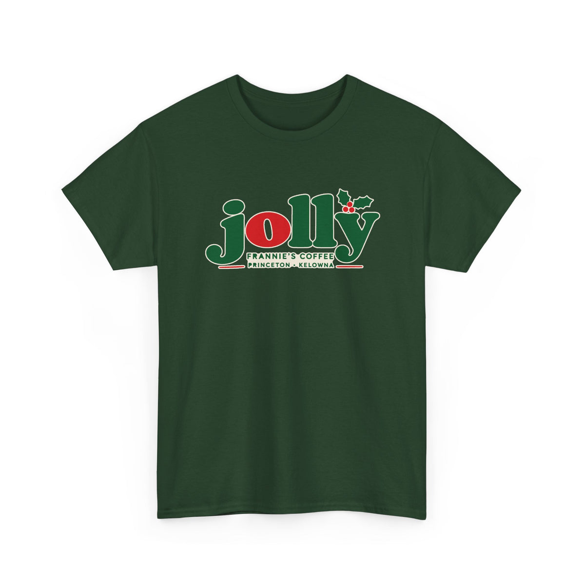 Frannie's Jolly Christmas Tee in Forest Green with the holly jolly Frannie's Coffee logo