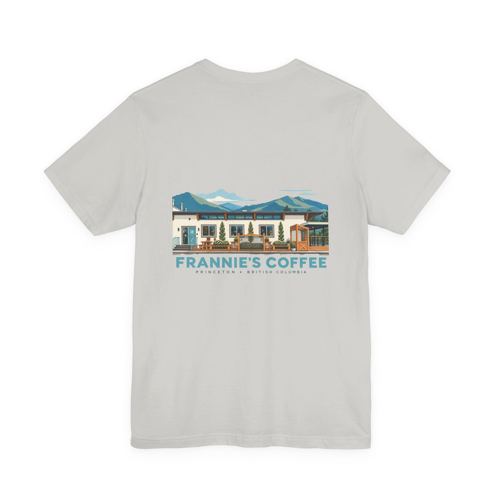 Frannie's Coffee Princeton, BC t-shirt in Silver: back print of the Princeton café illustration