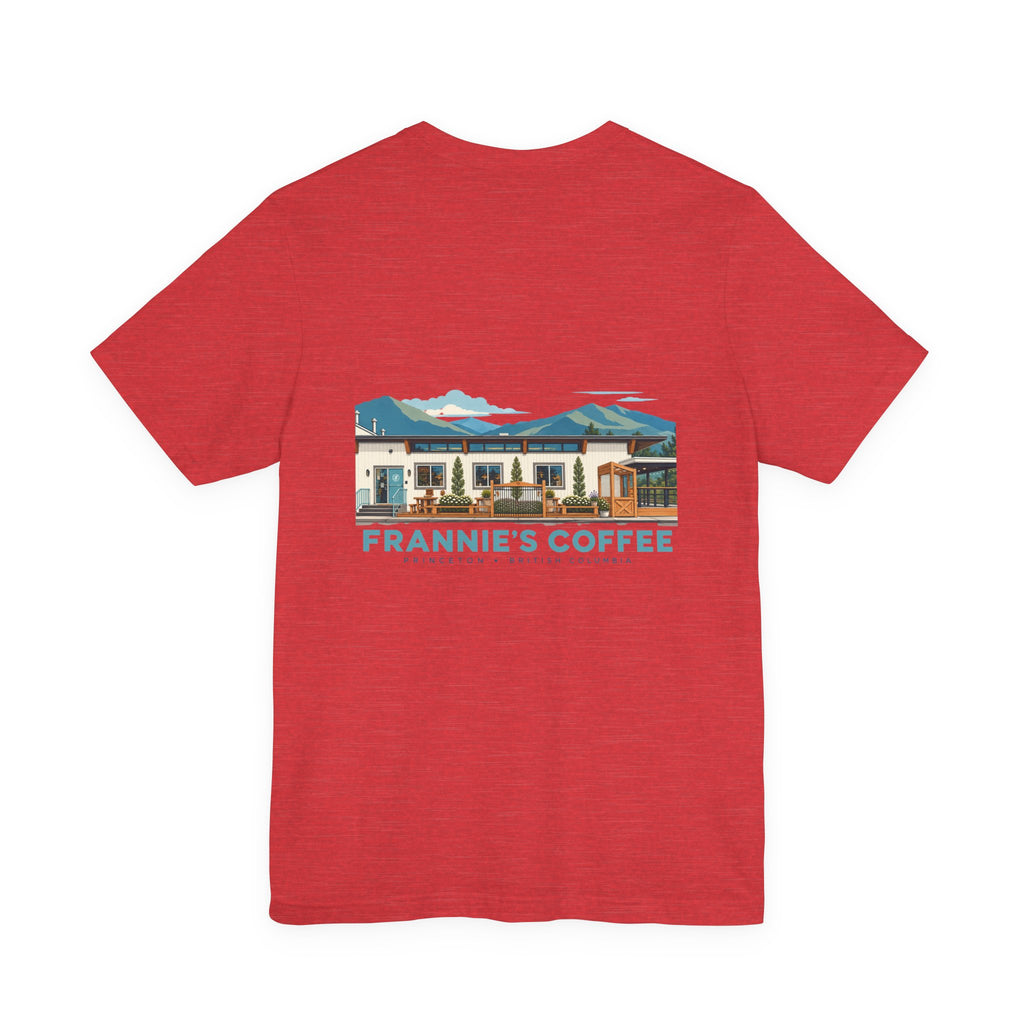 Frannie's Coffee Princeton, BC t-shirt in Heather Red: back print of the Princeton café illustration