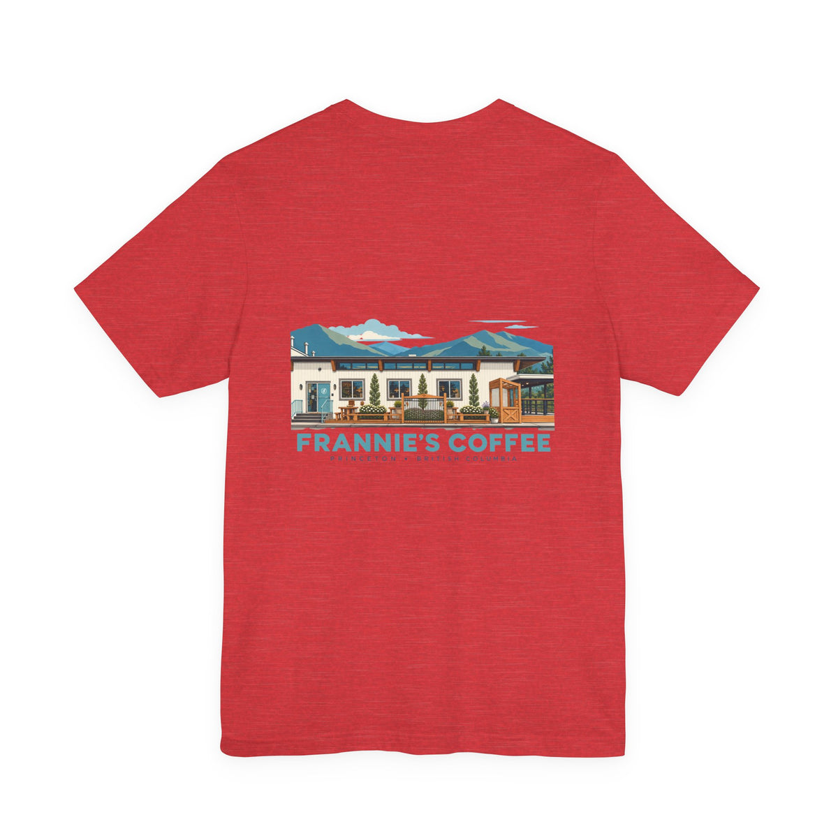 Frannie's Coffee Princeton, BC t-shirt in Heather Red: back print of the Princeton café illustration