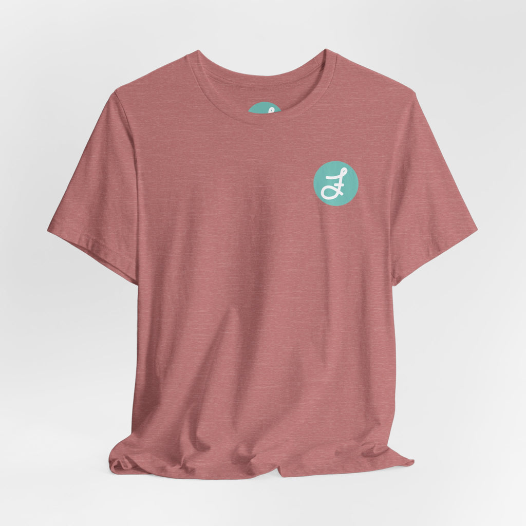 Frannie's Coffee Princeton, BC t-shirt in Heather Mauve: front with the F logo on the left chest