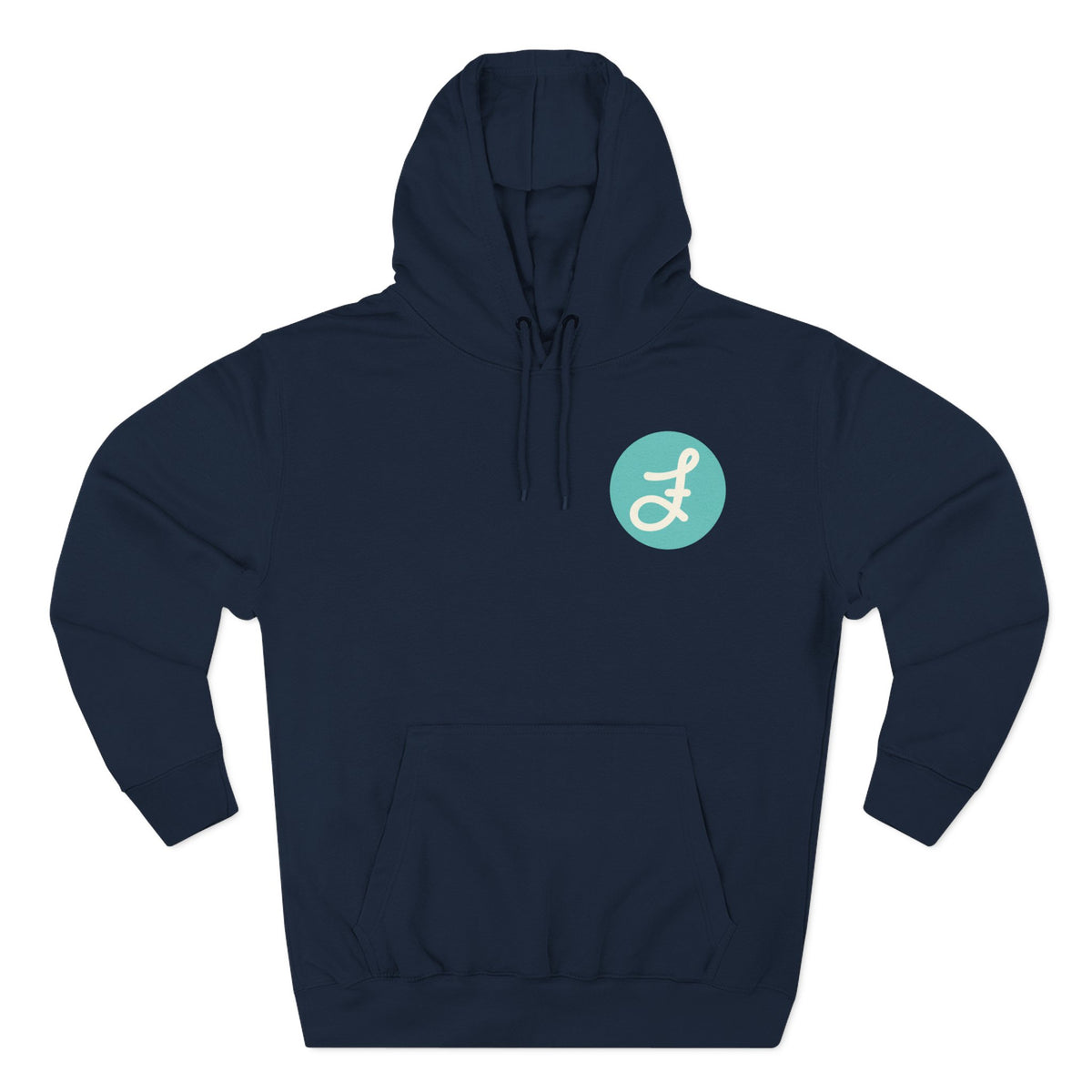 Frannie's Coffee logo hoodie in Navy: front with the F logo on the left chest