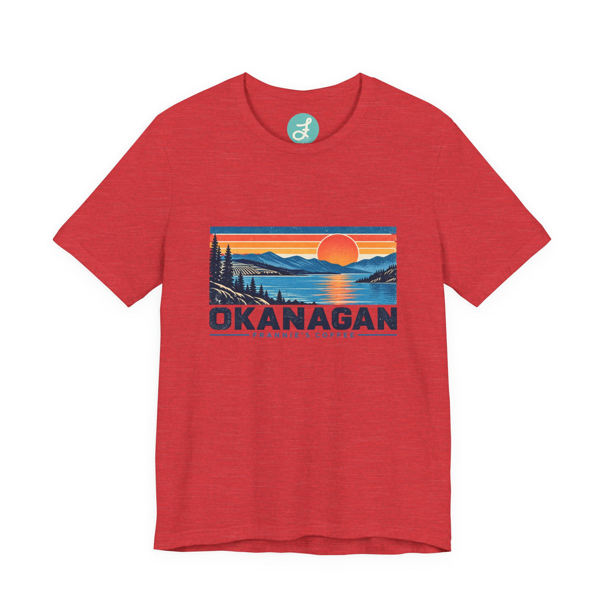 Frannie's Coffee Okanagan t-shirt in Heather Red: front with the Okanagan lake sunset print