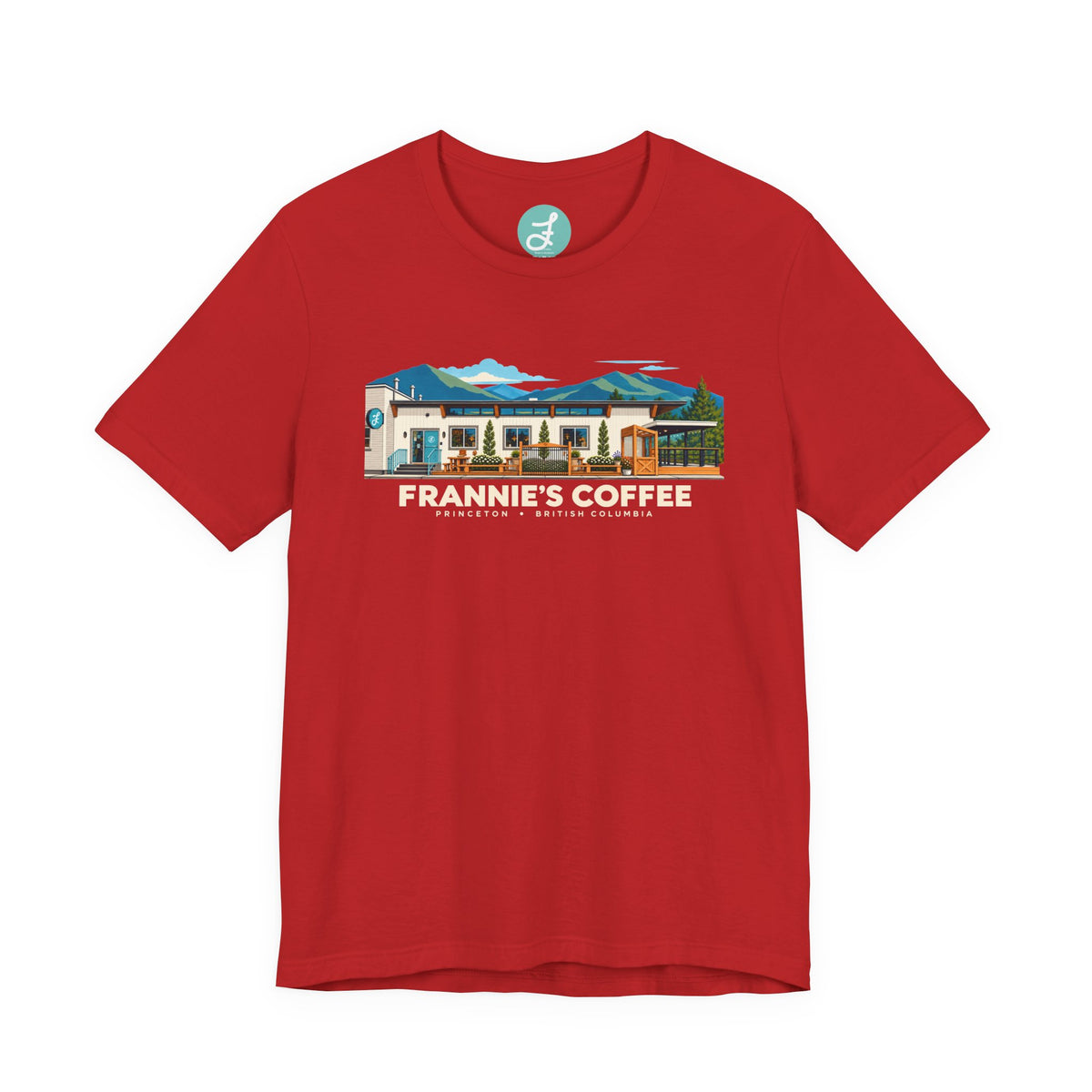 Frannie's Coffee Princeton, BC t-shirt in Red: front with the Princeton café illustration