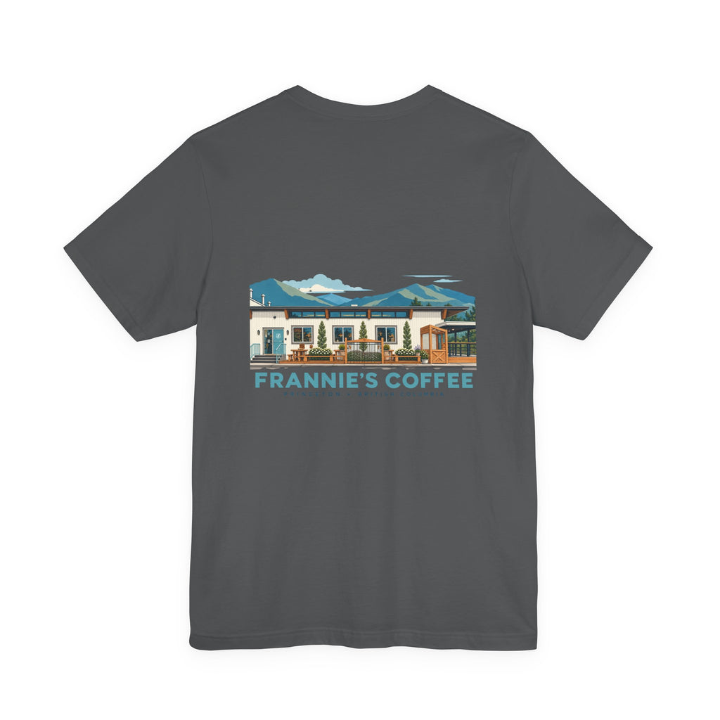 Frannie's Coffee Princeton, BC t-shirt in Asphalt: back print of the Princeton café illustration