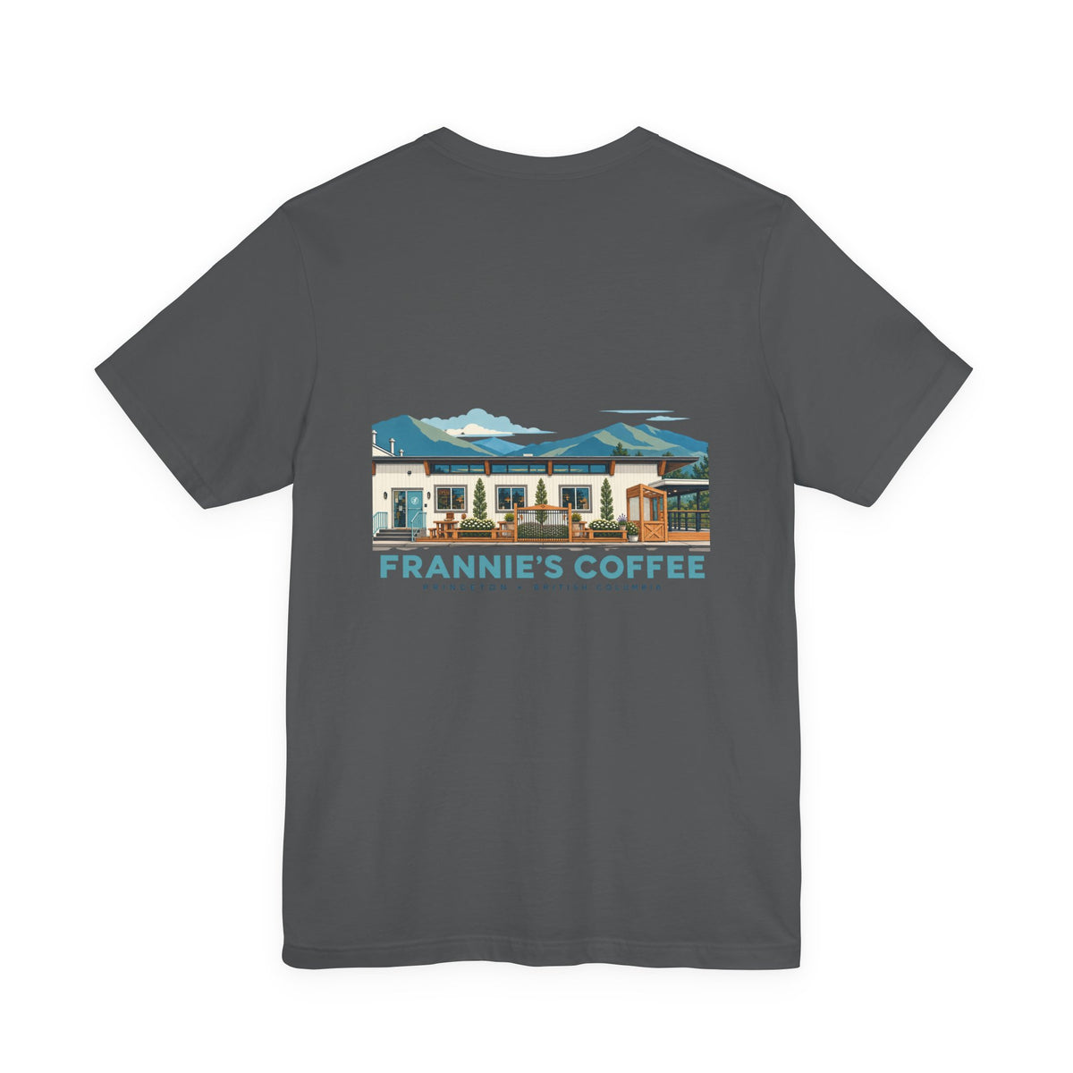 Frannie's Coffee Princeton, BC t-shirt in Asphalt: back print of the Princeton café illustration