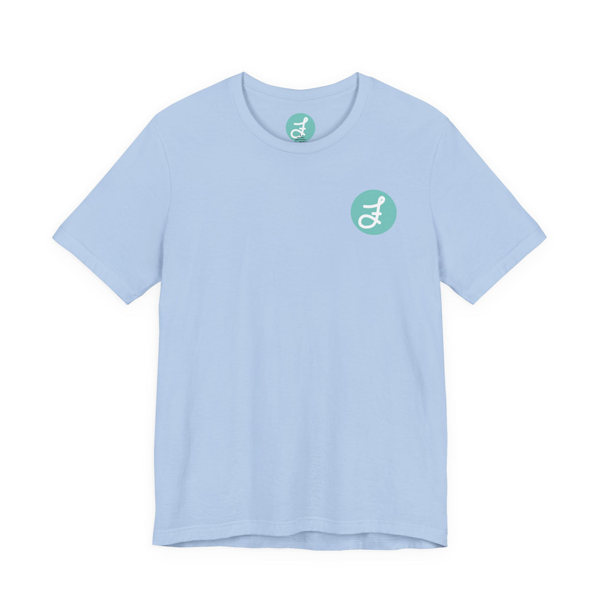 Frannie's Coffee Princeton, BC t-shirt in Baby Blue: front with the F logo on the left chest