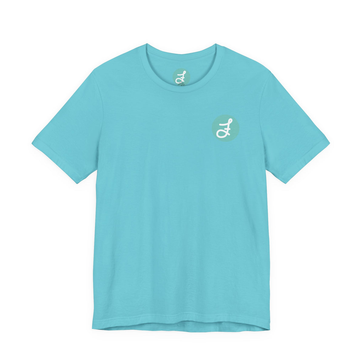 Frannie's Coffee Princeton, BC t-shirt in Turquoise: front with the F logo on the left chest