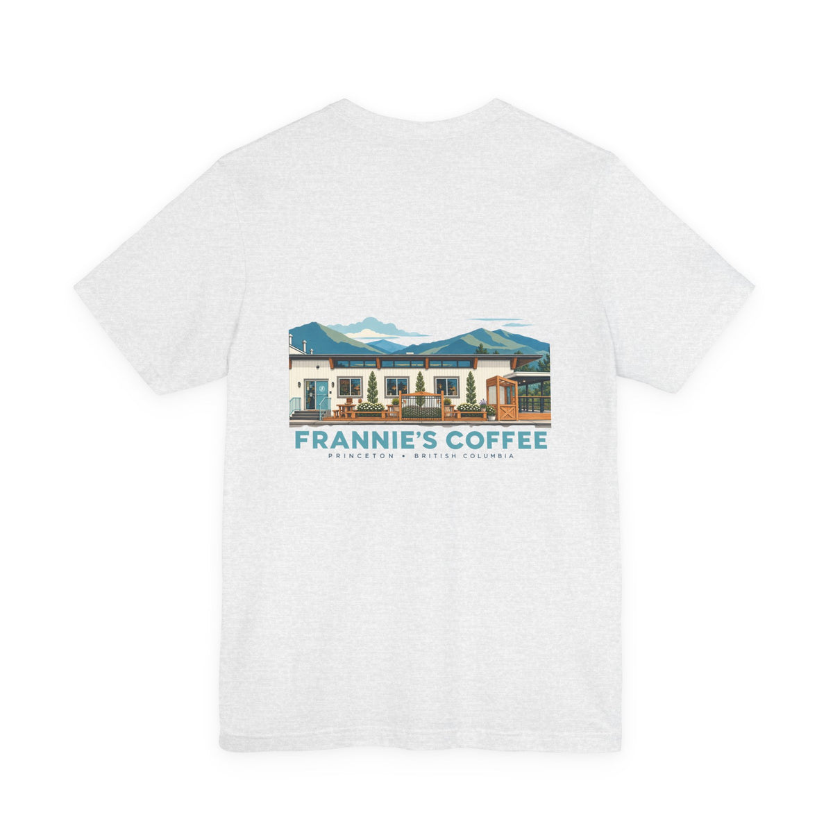 Frannie's Coffee Princeton, BC t-shirt in Ash: back print of the Princeton café illustration