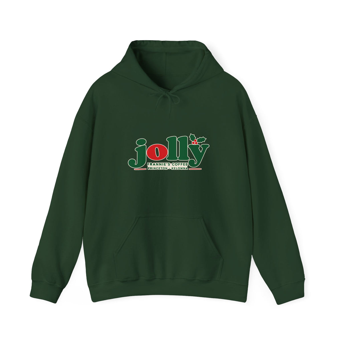 Frannie's Jolly Christmas Hoodie in Forest Green with the holly jolly Frannie's Coffee logo