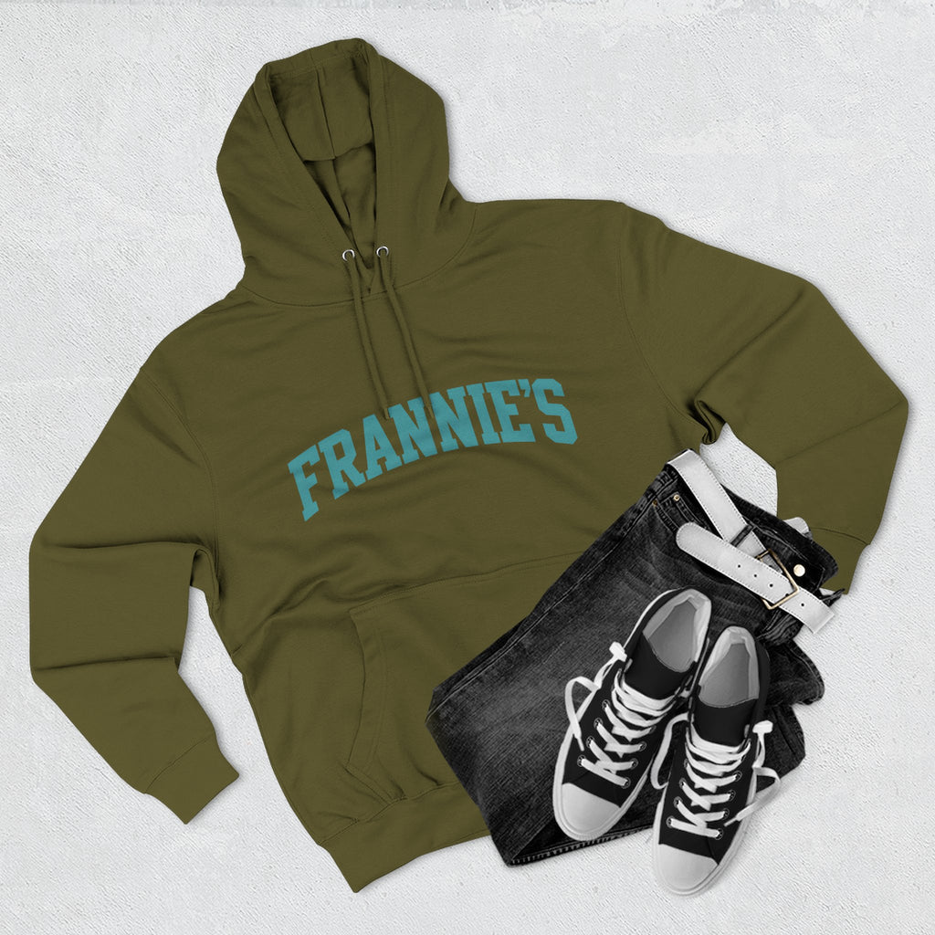 Frannie's varsity hoodie in Army Green: laid flat with jeans and sneakers