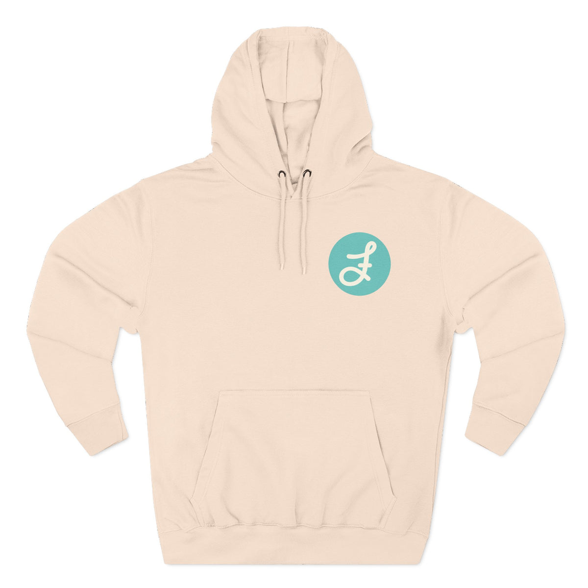 Frannie's Coffee logo hoodie in Pale Pink: front with the F logo on the left chest