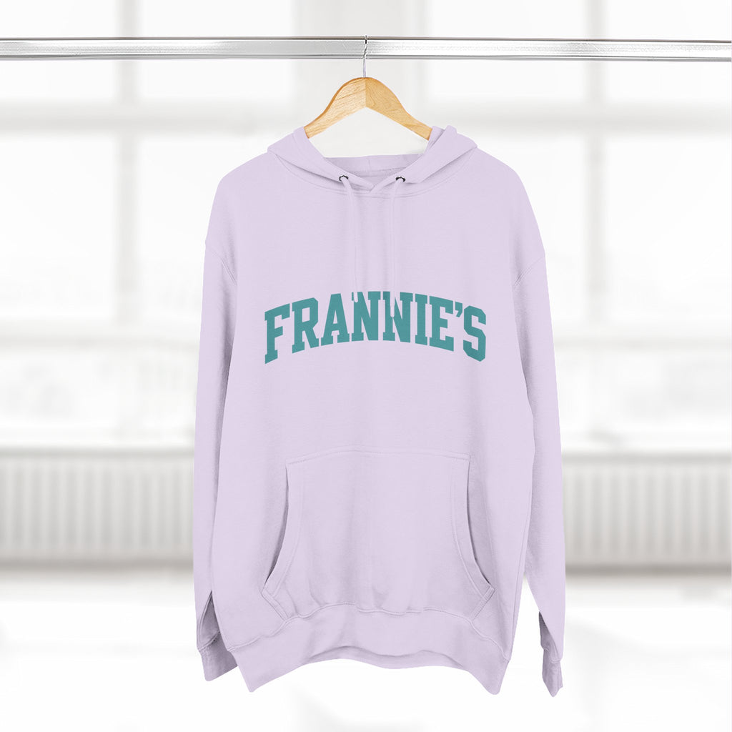 Frannie's varsity hoodie in Lilac: on a hanger