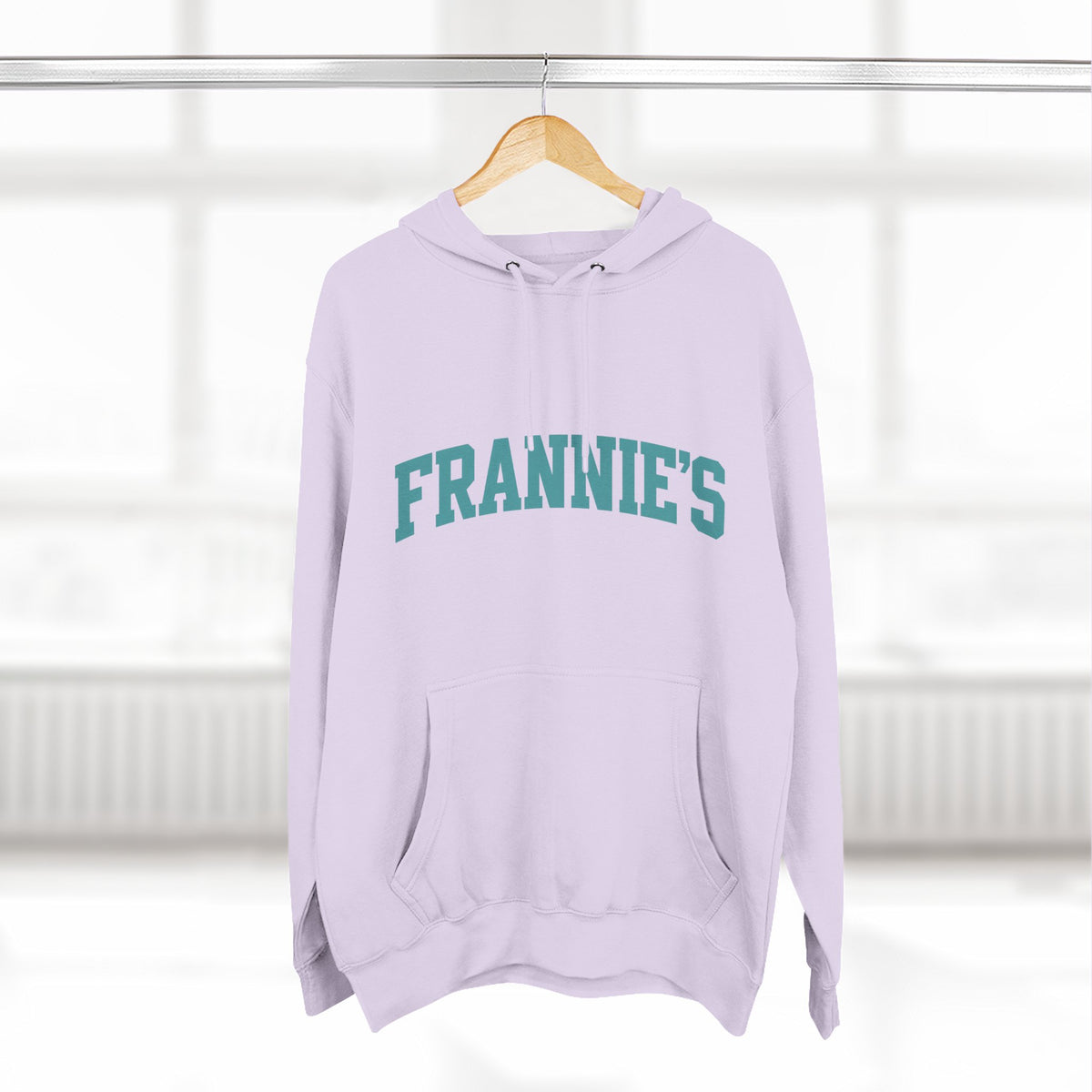 Frannie's varsity hoodie in Lilac: on a hanger