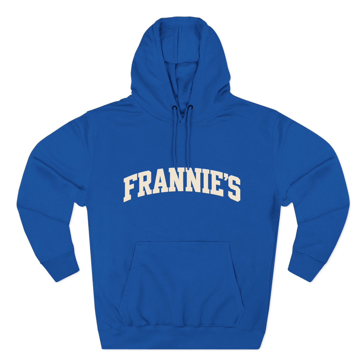 Frannie's varsity hoodie in Royal Blue: front with arched FRANNIE'S lettering