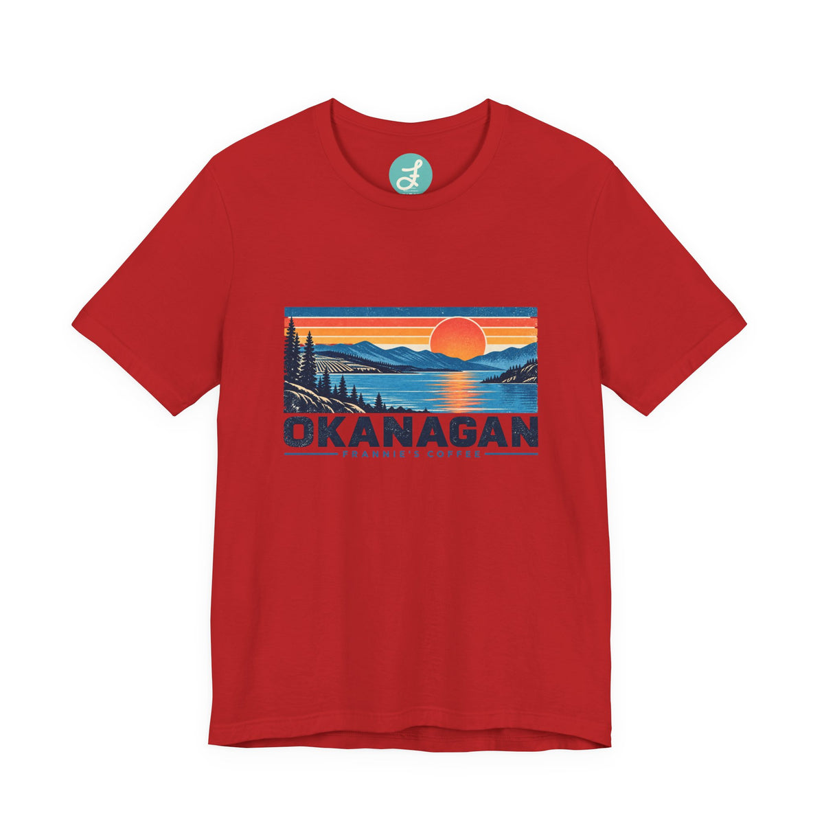 Frannie's Coffee Okanagan t-shirt in Red: front with the Okanagan lake sunset print