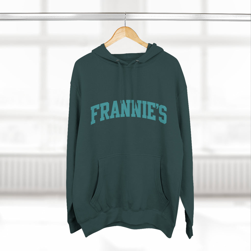 Frannie's varsity hoodie in Sports Green: on a hanger