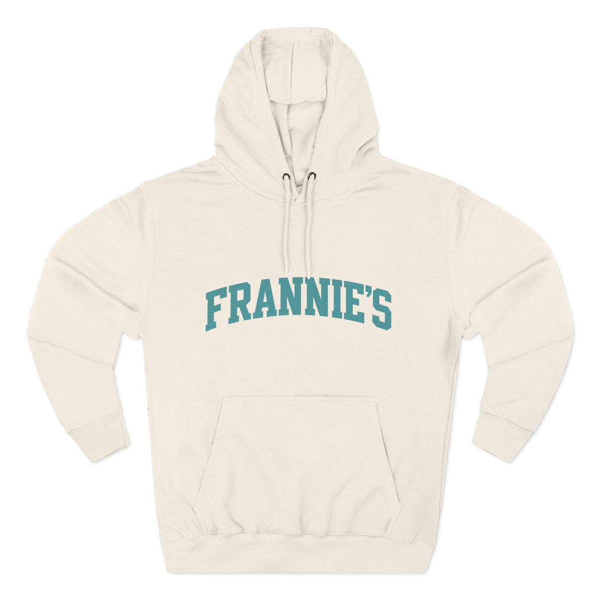 Frannie's varsity hoodie in Sandshell: front with arched FRANNIE'S lettering