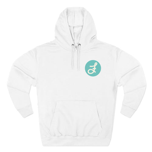 Frannie's Coffee logo hoodie in White: front with the F logo on the left chest