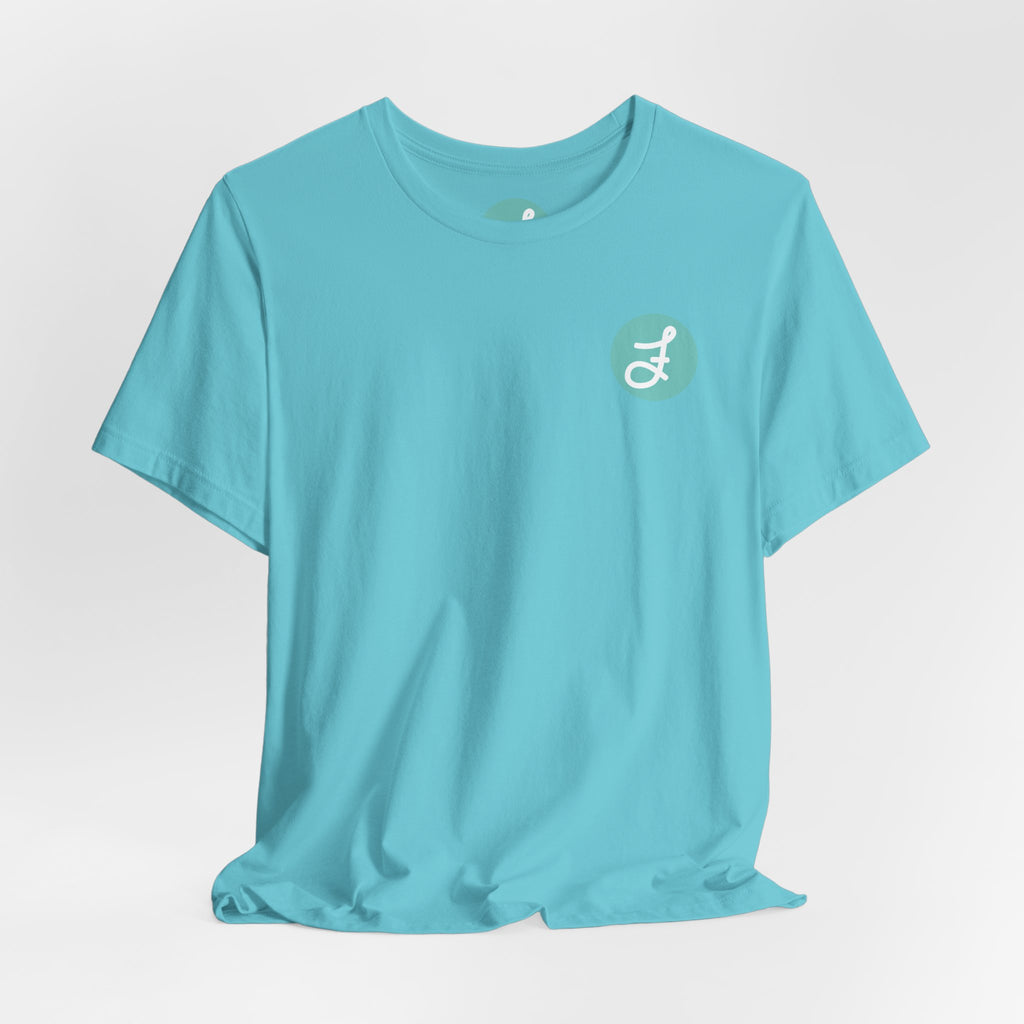 Frannie's Coffee Princeton, BC t-shirt in Turquoise: front with the F logo on the left chest