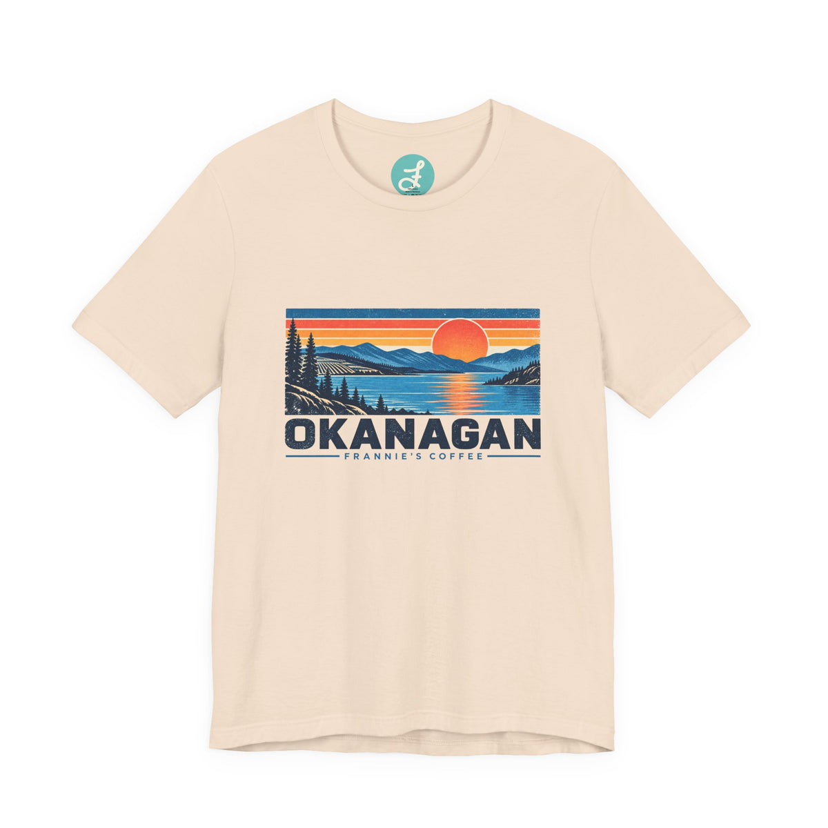 Frannie's Coffee Okanagan t-shirt in Soft Cream: front with the Okanagan lake sunset print