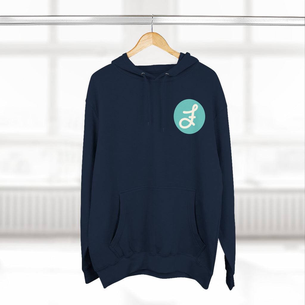 Frannie's Coffee logo hoodie in Navy: on a hanger