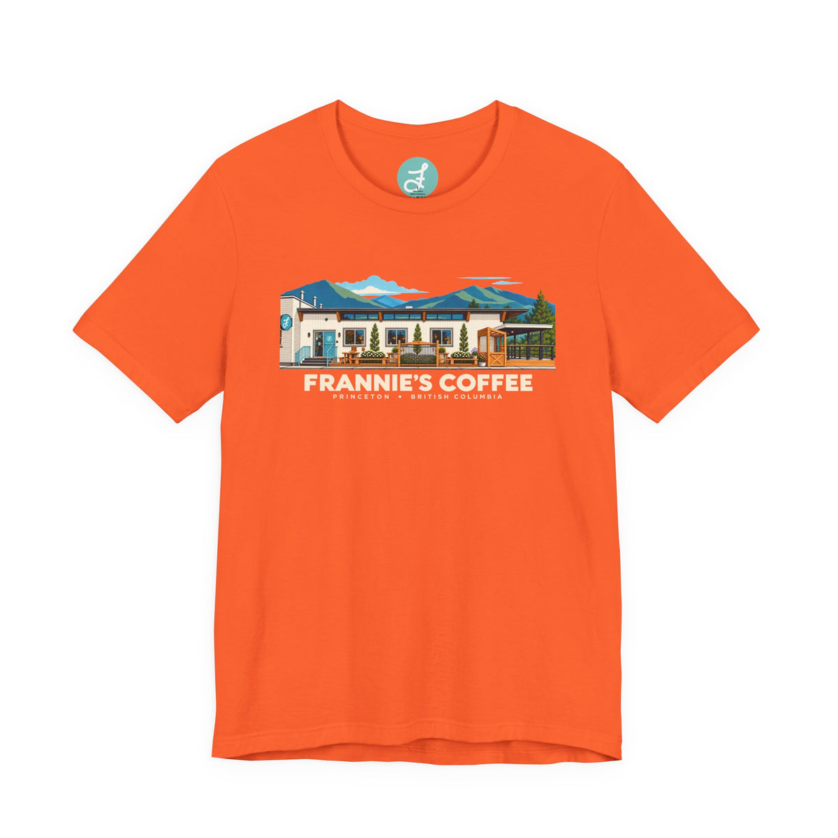 Frannie's Coffee Princeton, BC t-shirt in Orange: front with the Princeton café illustration