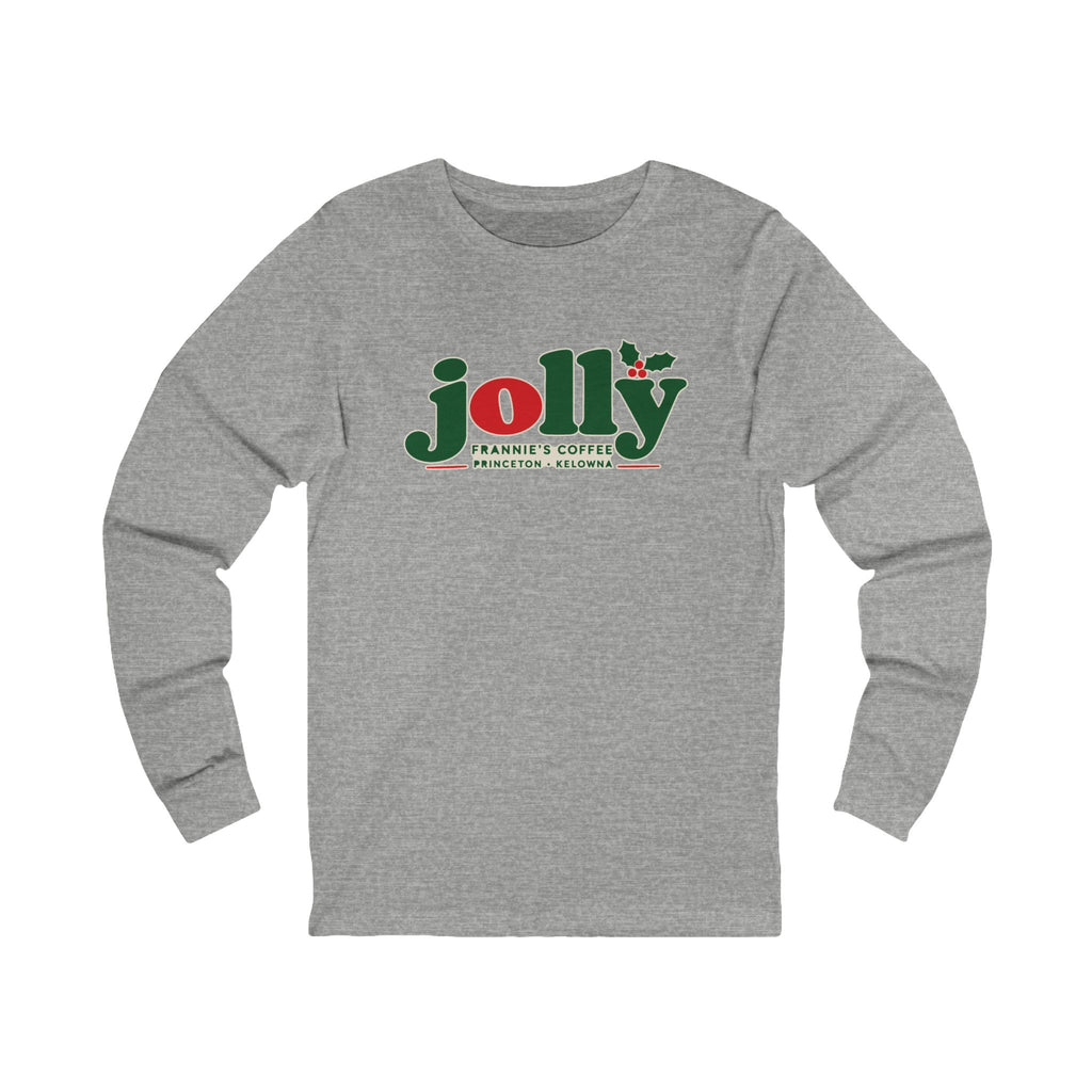 Frannie's Jolly Christmas Long Sleeve Tee in Athletic Heather with the holly jolly Frannie's Coffee logo