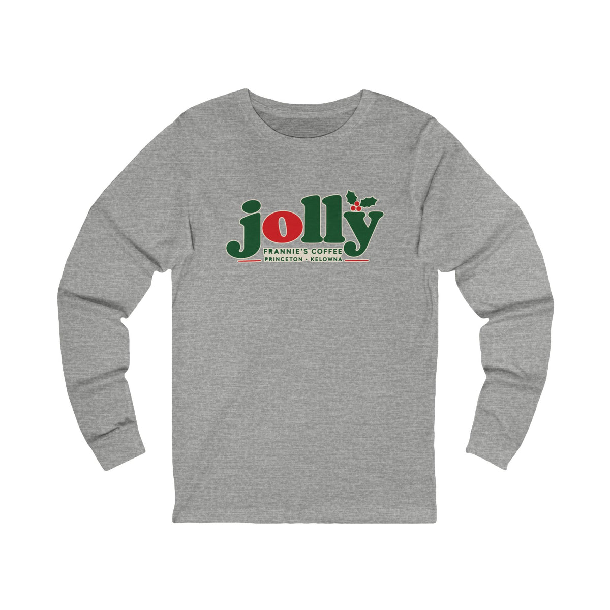 Frannie's Jolly Christmas Long Sleeve Tee in Athletic Heather with the holly jolly Frannie's Coffee logo