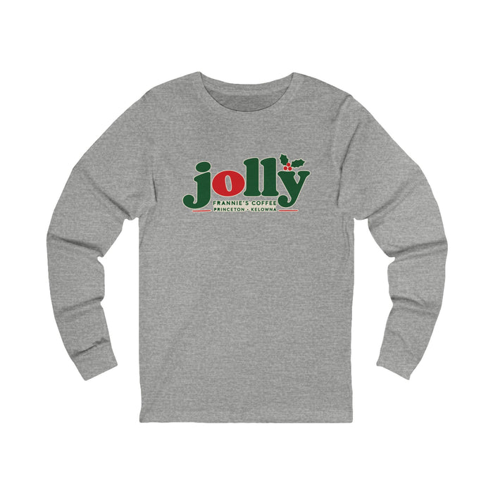 Frannie's Jolly Christmas Long Sleeve Tee in Athletic Heather with the holly jolly Frannie's Coffee logo