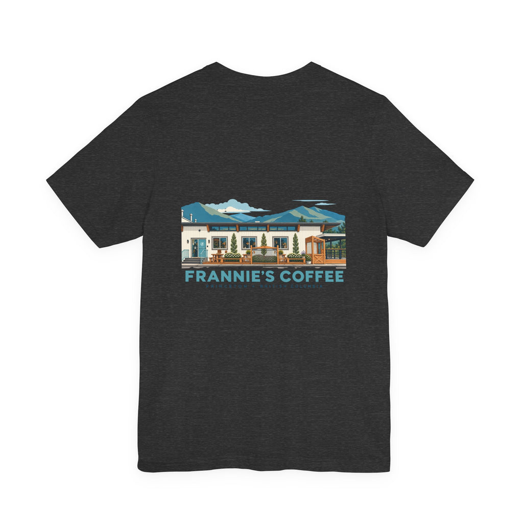 Frannie's Coffee Princeton, BC t-shirt in Dark Grey Heather: back print of the Princeton café illustration