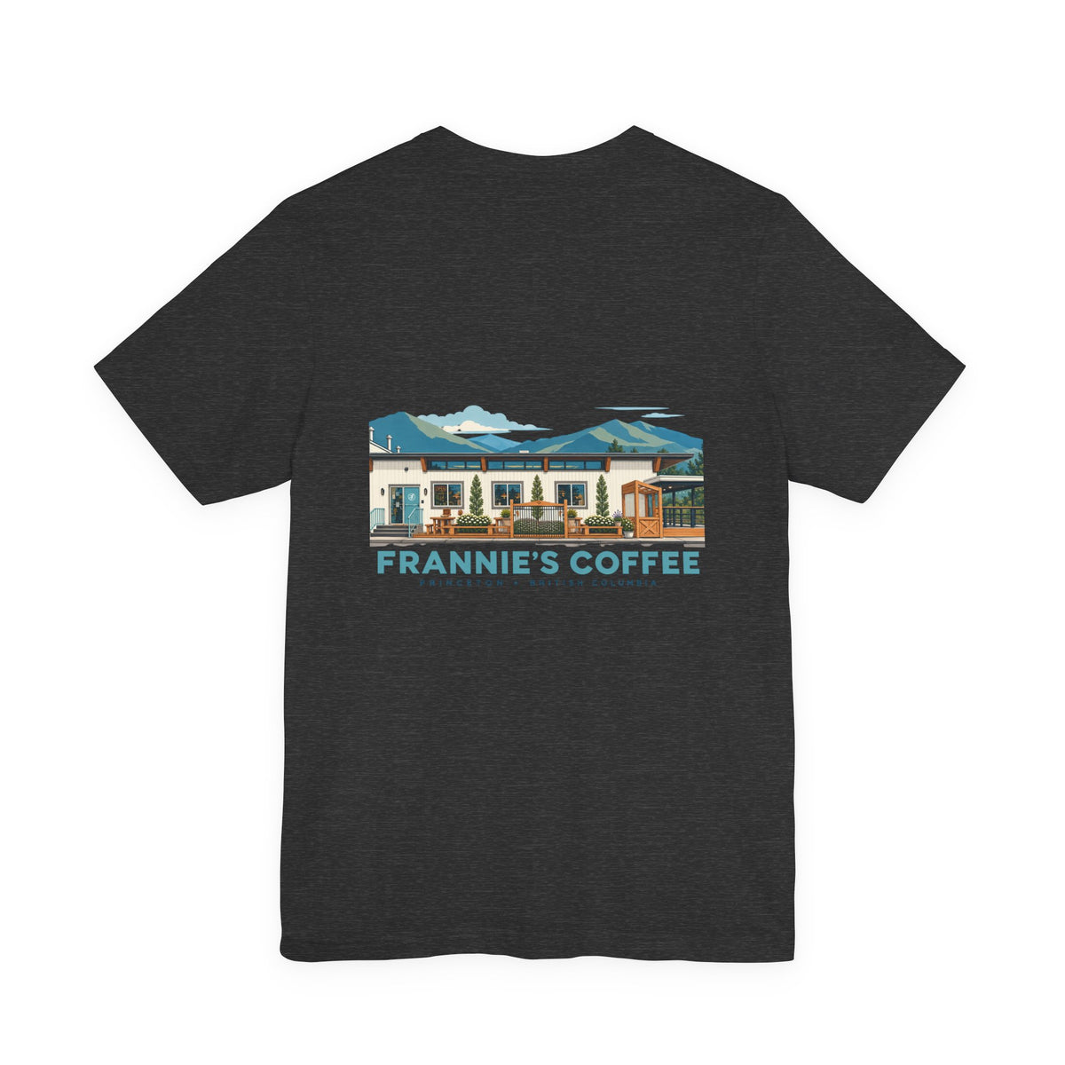 Frannie's Coffee Princeton, BC t-shirt in Dark Grey Heather: back print of the Princeton café illustration