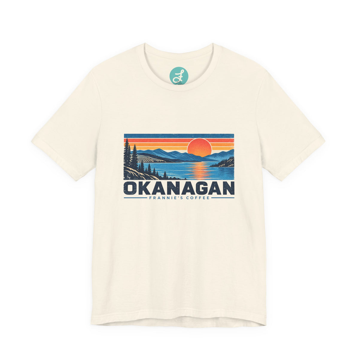 Frannie's Coffee Okanagan t-shirt in Natural: front with the Okanagan lake sunset print