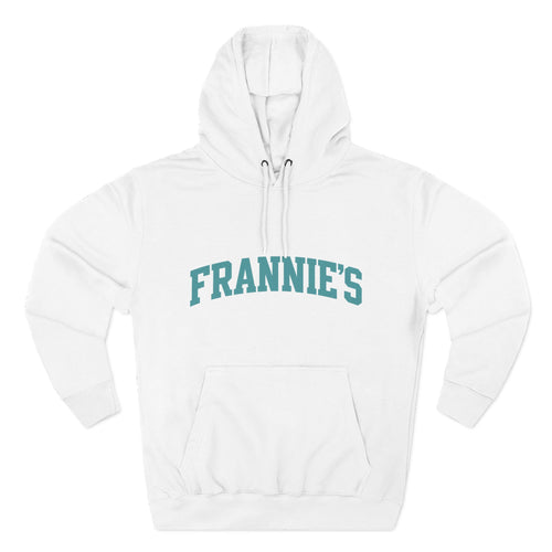 Frannie's varsity hoodie in White: front with arched FRANNIE'S lettering