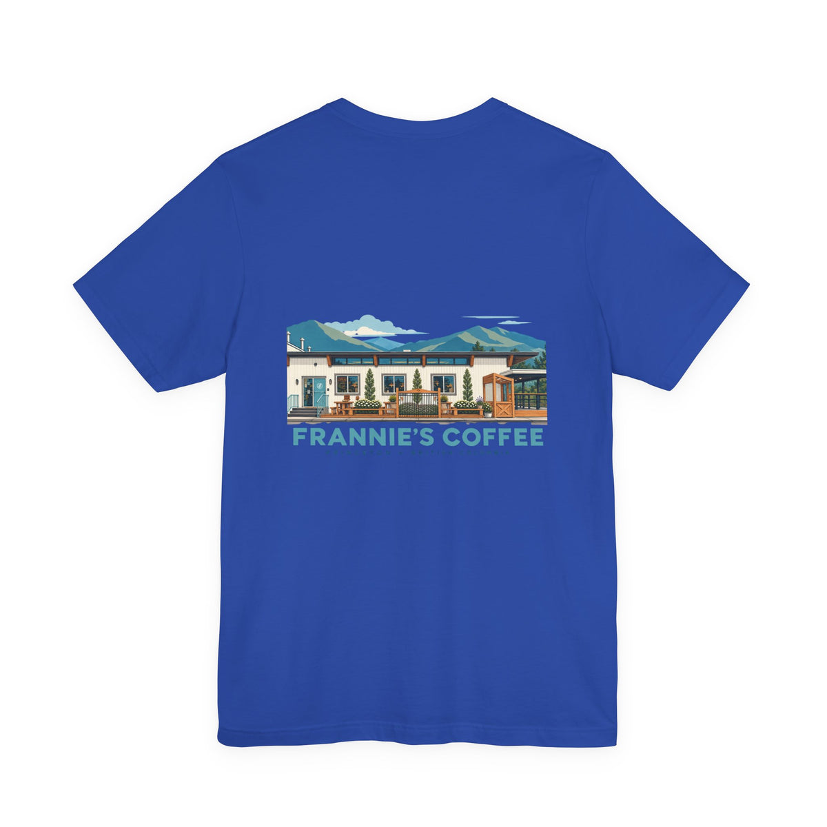 Frannie's Coffee Princeton, BC t-shirt in True Royal: back print of the Princeton café illustration