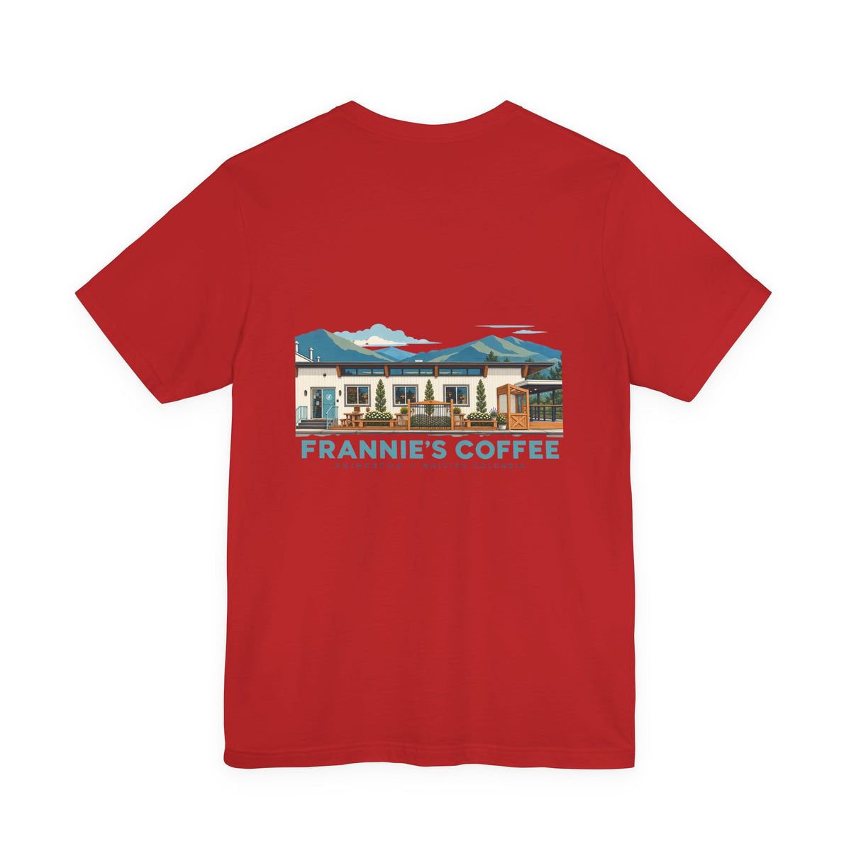 Frannie's Coffee Princeton, BC t-shirt in Red: back print of the Princeton café illustration