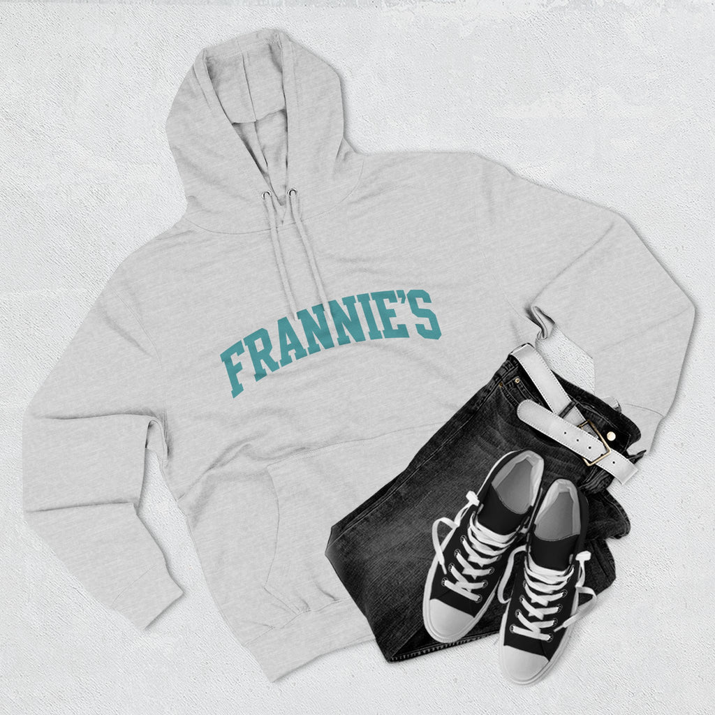 Frannie's varsity hoodie in Heather Grey: laid flat with jeans and sneakers
