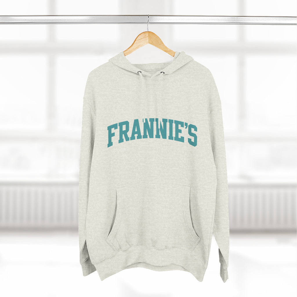 Frannie's varsity hoodie in Oatmeal Heather: on a hanger