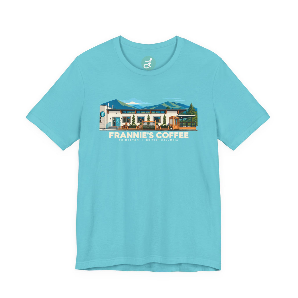 Frannie's Coffee Princeton, BC t-shirt in Turquoise: front with the Princeton café illustration
