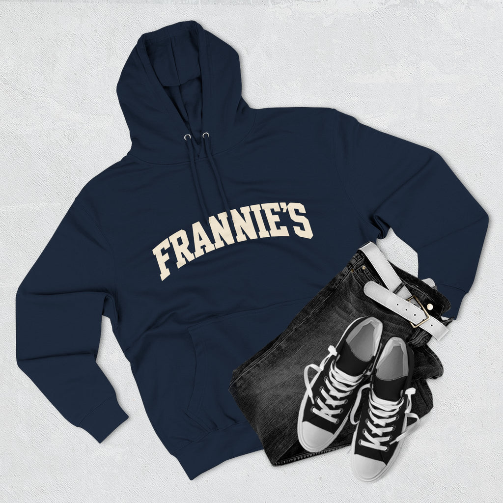 Frannie's varsity hoodie in Navy: laid flat with jeans and sneakers