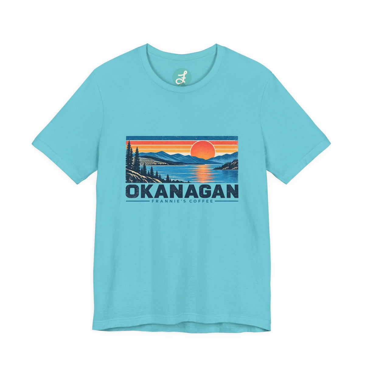 Frannie's Coffee Okanagan t-shirt in Turquoise: front with the Okanagan lake sunset print