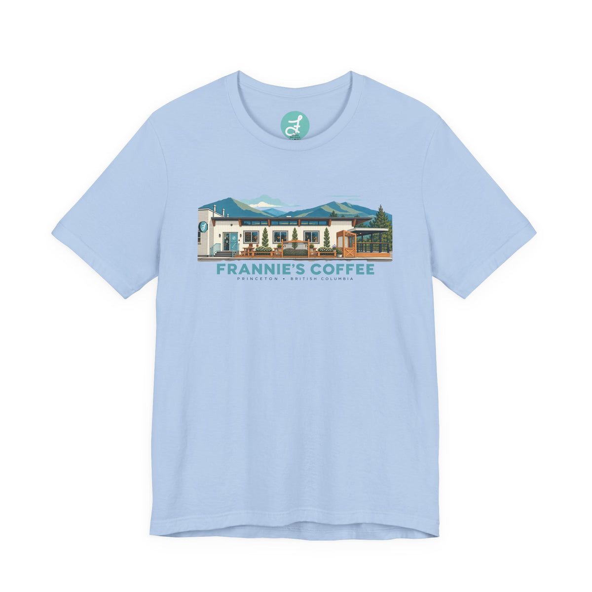 Frannie's Coffee Princeton, BC t-shirt in Baby Blue: front with the Princeton café illustration